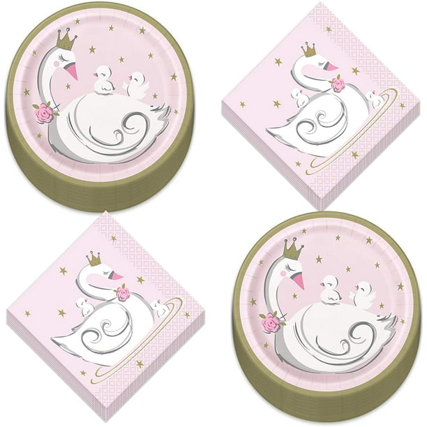 Swan Party Supplies Serves 16 Pink and Gold Swan Princess Paper Dessert Plates and Beverage Napkins 